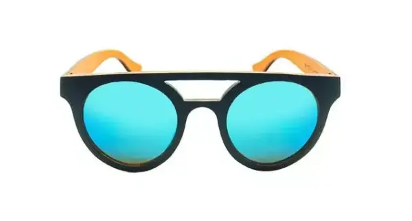 Gafas de sol con montura de madera oscura y lentes espejo azul – Diseño robusto y moderno - Imagen 4