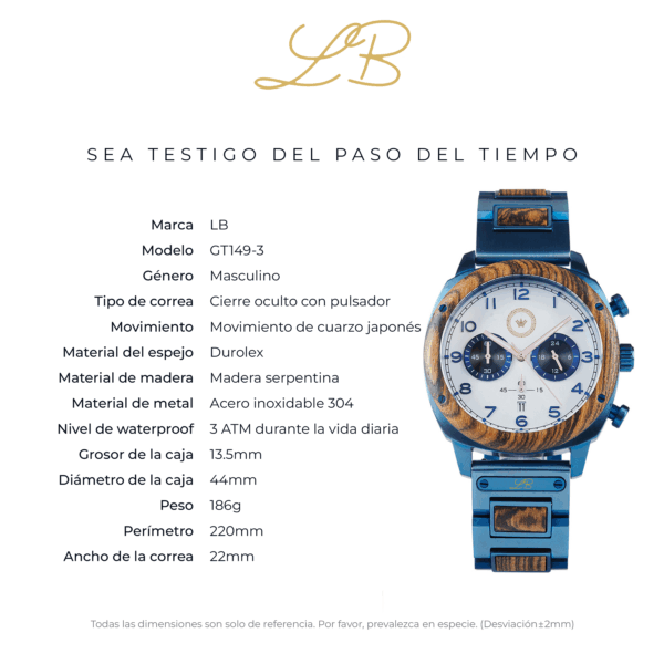 LB BlueWood Chrono - Madera y Acero Azul -Esfera Azul o Blanca - Imagen 5