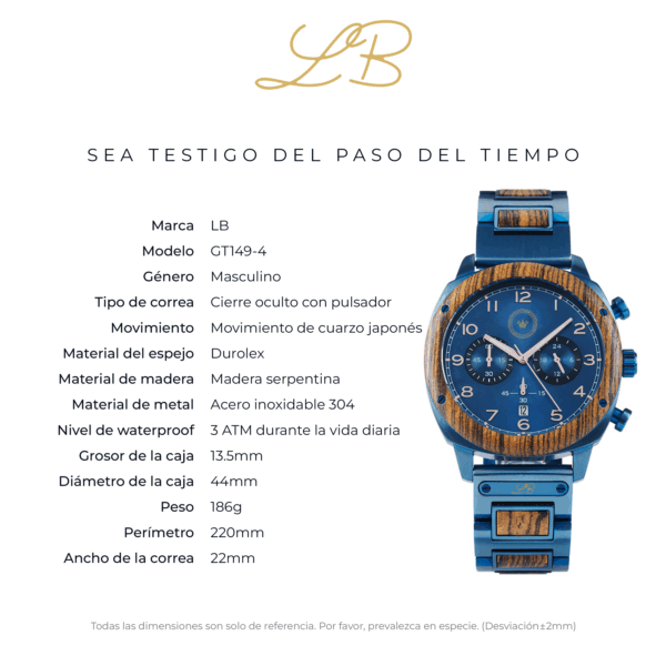 LB BlueWood Chrono - Madera y Acero Azul -Esfera Azul o Blanca - Imagen 4