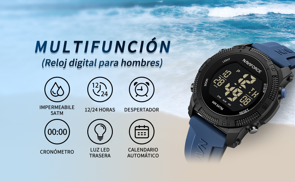 Reloj Digital NAVIFORCE NF7104 – Deportivo, Resistente al Agua 5 ATM, Correa de Silicona, Pantalla LCD, Cronómetro y Fecha - Imagen 8